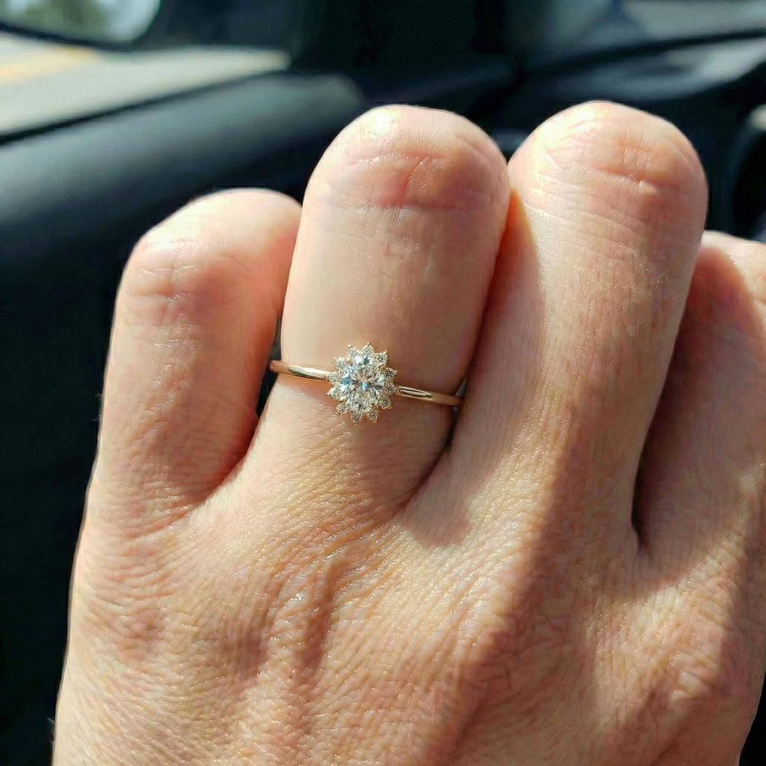 Oval Moissanite Halo Ring, 14K Solid Gold Moissanite Solitaire Ring, April Birthstone Ring, Dainty Gold Engagement Ring, Minimalist Promise