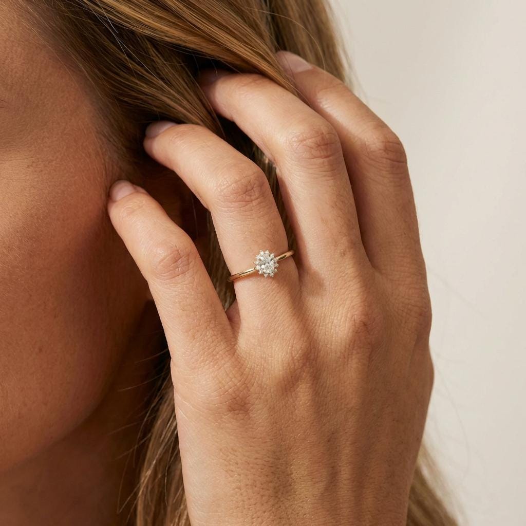 Oval Moissanite Halo Ring, 14K Solid Gold Moissanite Solitaire Ring, April Birthstone Ring, Dainty Gold Engagement Ring, Minimalist Promise