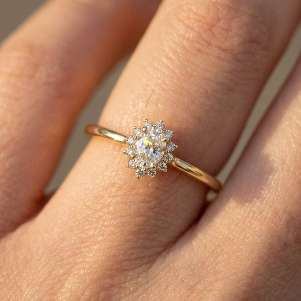 Oval Moissanite Halo Ring, 14K Solid Gold Moissanite Solitaire Ring, April Birthstone Ring, Dainty Gold Engagement Ring, Minimalist Promise
