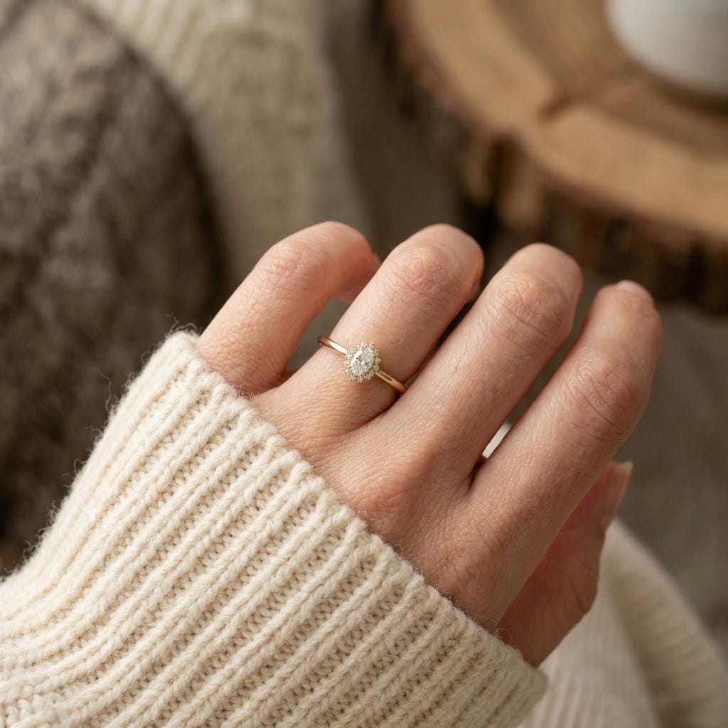 Oval Moissanite Halo Ring, 14K Solid Gold Moissanite Solitaire Ring, April Birthstone Ring, Dainty Gold Engagement Ring, Minimalist Promise
