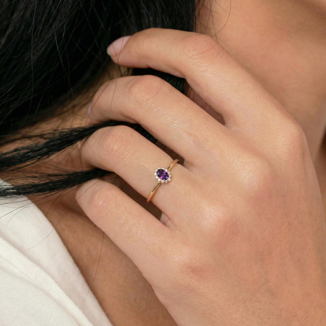 Oval Amethyst Halo Ring, 14K Solid Gold Amethyst Solitaire Ring, February Birthstone Ring, Dainty Gold Engagement Ring