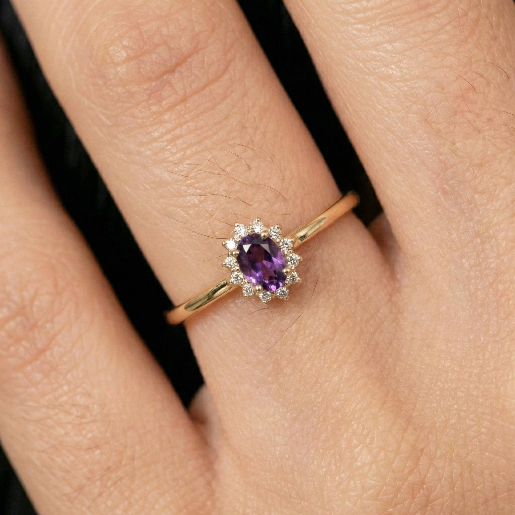Oval Amethyst Halo Ring, 14K Solid Gold Amethyst Solitaire Ring, February Birthstone Ring, Dainty Gold Engagement Ring