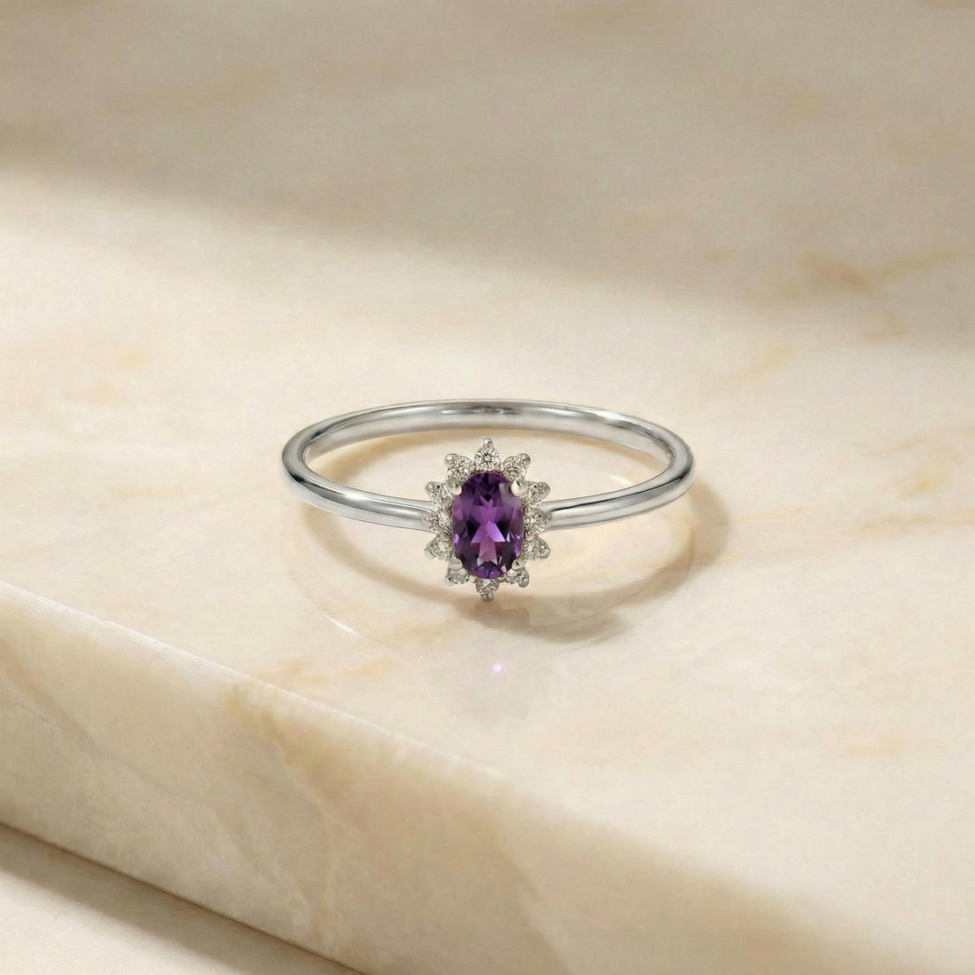 Oval Amethyst Halo Ring, 14K Solid Gold Amethyst Solitaire Ring, February Birthstone Ring, Dainty Gold Engagement Ring