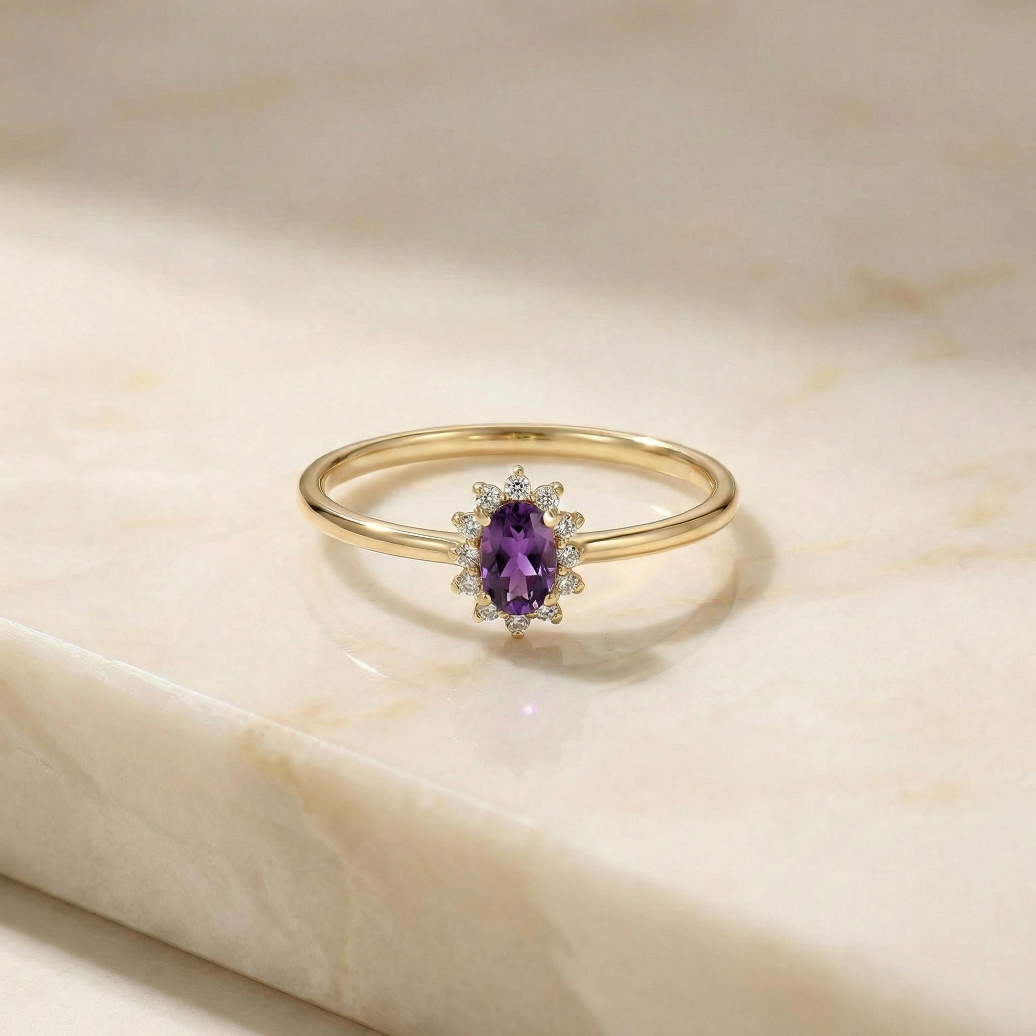 Oval Amethyst Halo Ring, 14K Solid Gold Amethyst Solitaire Ring, February Birthstone Ring, Dainty Gold Engagement Ring