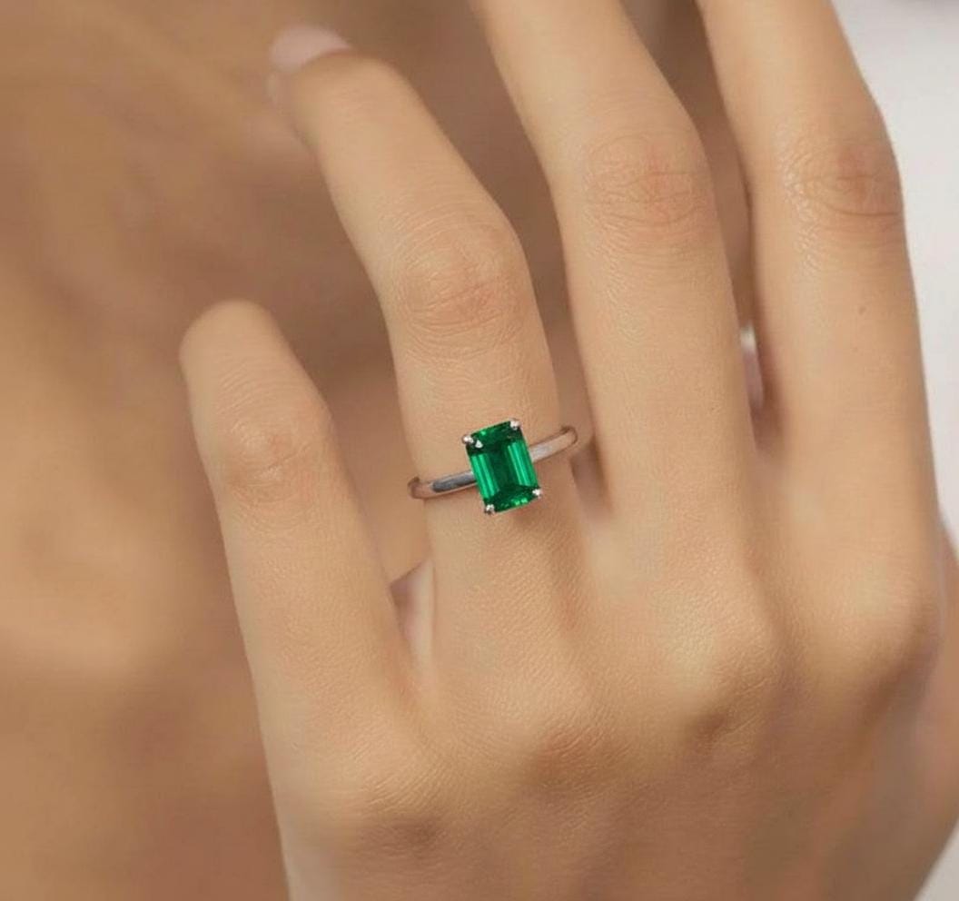 Emerald Engagement Ring Solitaire, Emerald Cut. Green Gemstone Promise Ring, Minimalist Art Deco Wedding Band