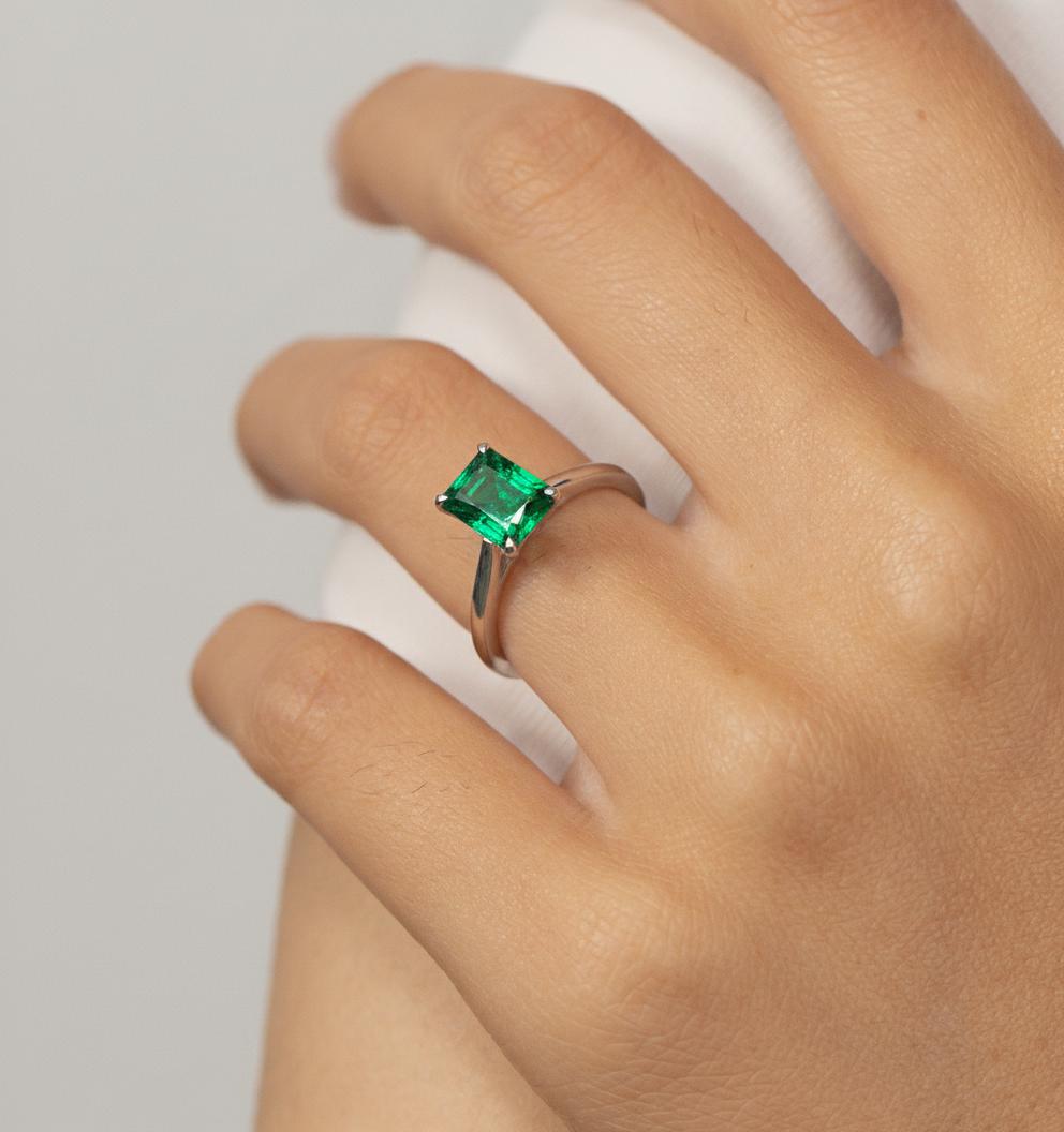 Emerald Engagement Ring Solitaire, Emerald Cut. Green Gemstone Promise Ring, Minimalist Art Deco Wedding Band
