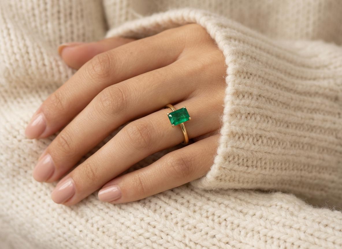 Emerald Engagement Ring Solitaire, Emerald Cut. Green Gemstone Promise Ring, Minimalist Art Deco Wedding Band