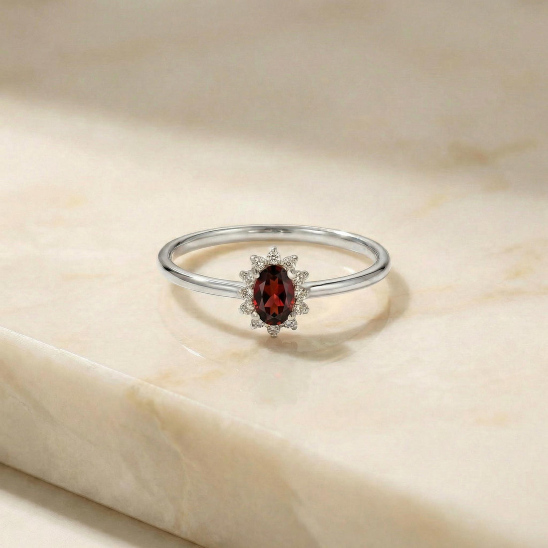 Oval Garnet Halo Ring, 14K Solid Gold Garnet Solitaire Ring, January Birthstone Ring, Dainty Gold Engagement Ring, Minimalist Promise Ring