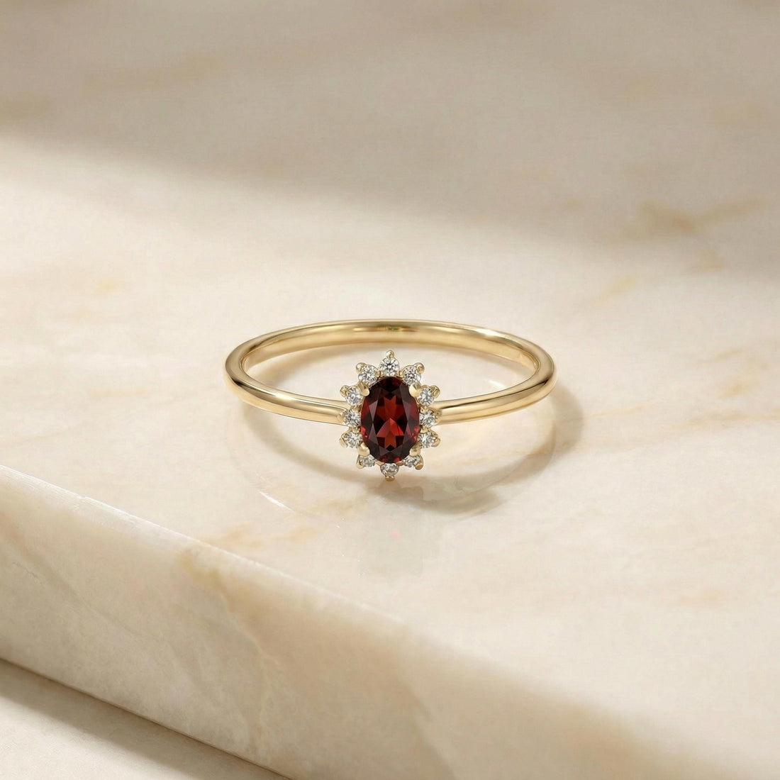 Oval Garnet Halo Ring, 14K Solid Gold Garnet Solitaire Ring, January Birthstone Ring, Dainty Gold Engagement Ring, Minimalist Promise Ring