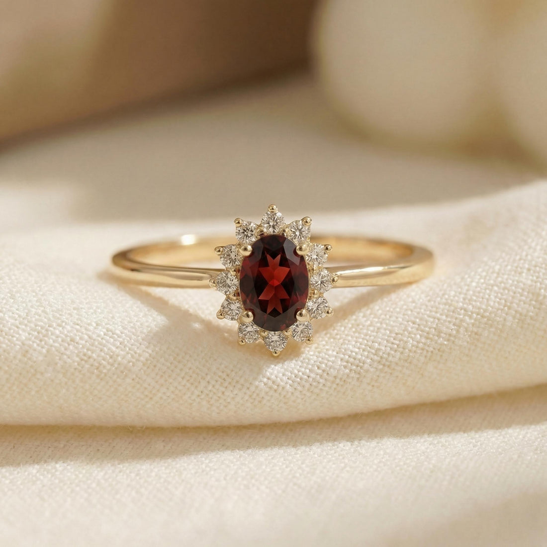 Oval Garnet Halo Ring, 14K Solid Gold Garnet Solitaire Ring, January Birthstone Ring, Dainty Gold Engagement Ring, Minimalist Promise Ring