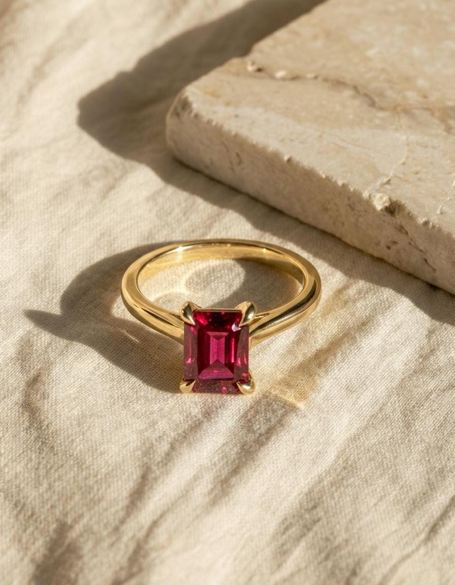 Emerald Cut Ruby Engagement Ring, Rich Red Gemstone Solitaire, 1.75ct Promise Ring, Art Deco July Birthstone Gift