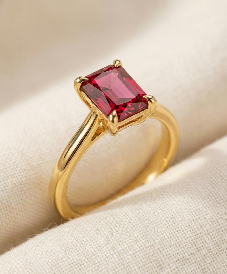Emerald Cut Ruby Engagement Ring, Rich Red Gemstone Solitaire, 1.75ct Promise Ring, Art Deco July Birthstone Gift
