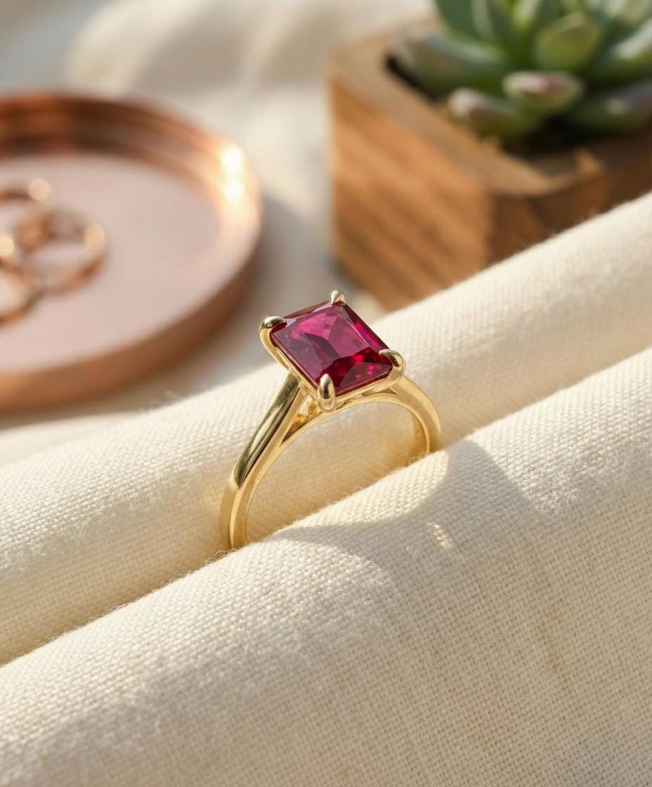 Emerald Cut Ruby Engagement Ring, Rich Red Gemstone Solitaire, 1.75ct Promise Ring, Art Deco July Birthstone Gift