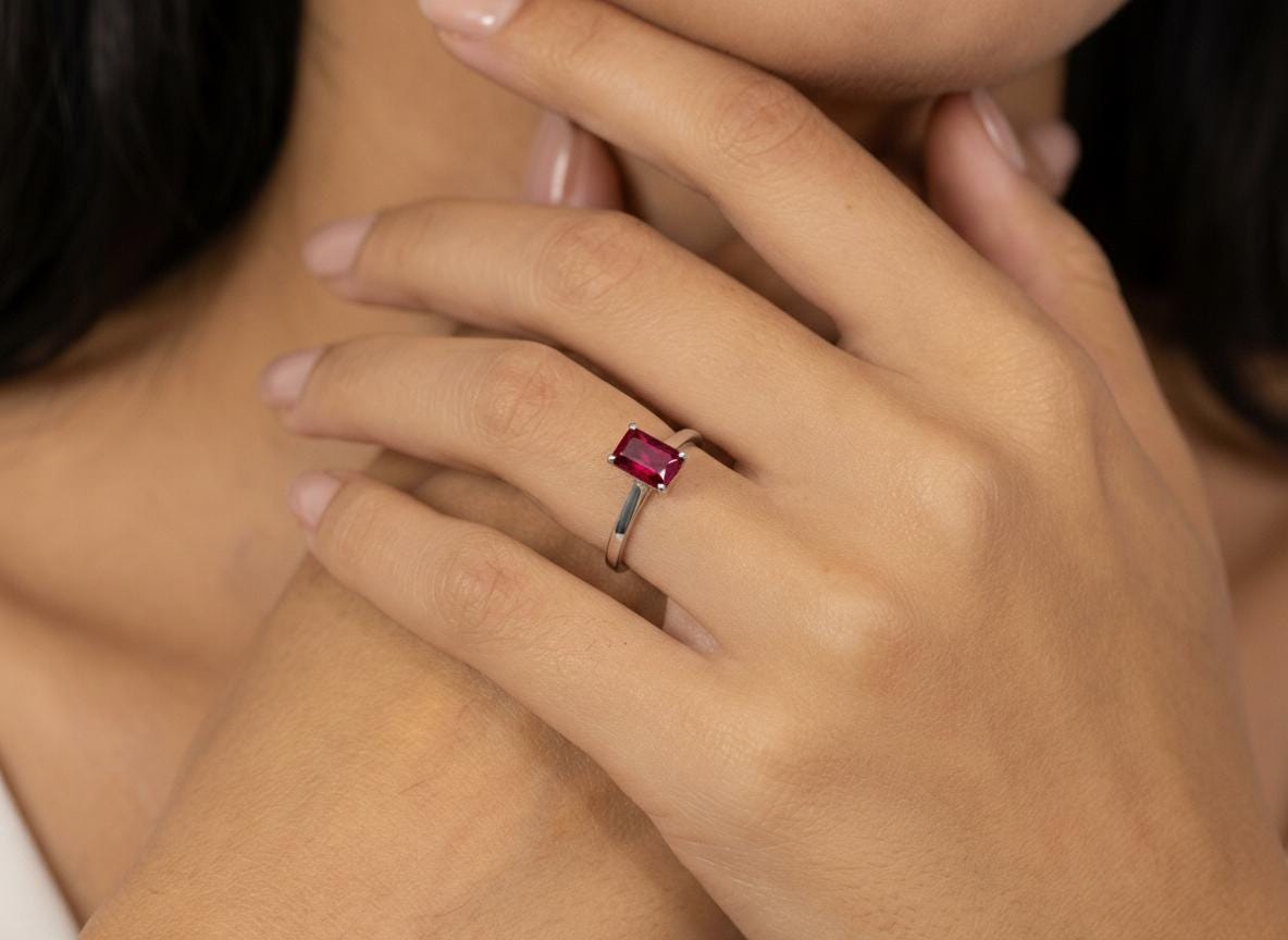 Emerald Cut Ruby Engagement Ring, Rich Red Gemstone Solitaire, 1.75ct Promise Ring, Art Deco July Birthstone Gift