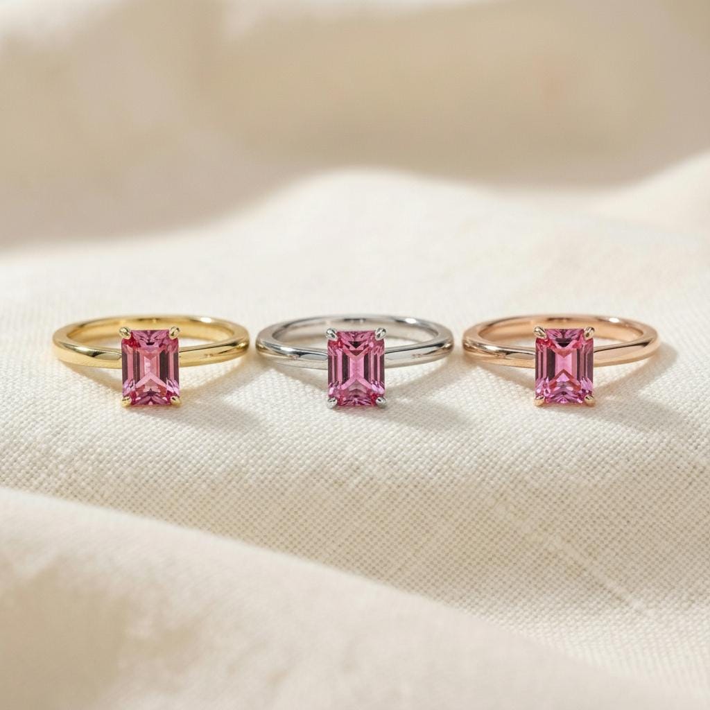 Emerald Cut Pink Tourmaline Ring Sterling Silver Solitaire Engagement Ring Minimalist Promise Ring Pink Gemstone Gift