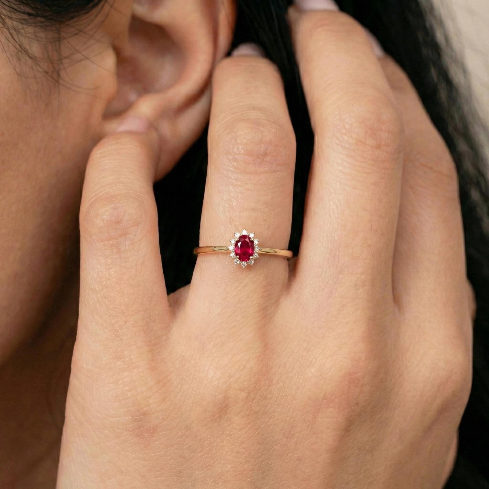 Oval Ruby Halo Ring, 14K Solid Gold Ruby Solitaire Ring, July Birthstone Ring