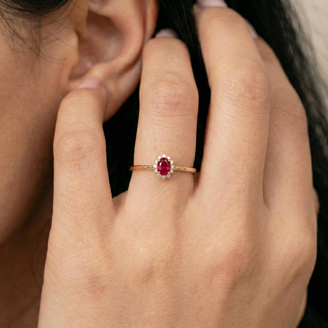 Oval Ruby Halo Ring, 14K Solid Gold Ruby Solitaire Ring, July Birthstone Ring