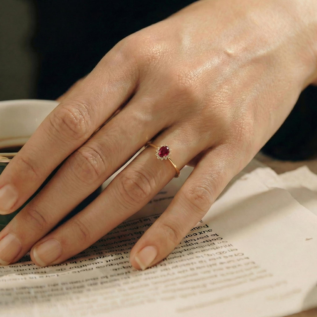 Oval Ruby Halo Ring, 14K Solid Gold Ruby Solitaire Ring, July Birthstone Ring