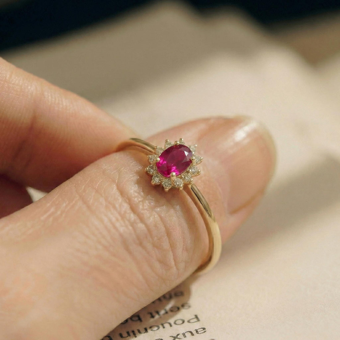 Oval Ruby Halo Ring, 14K Solid Gold Ruby Solitaire Ring, July Birthstone Ring