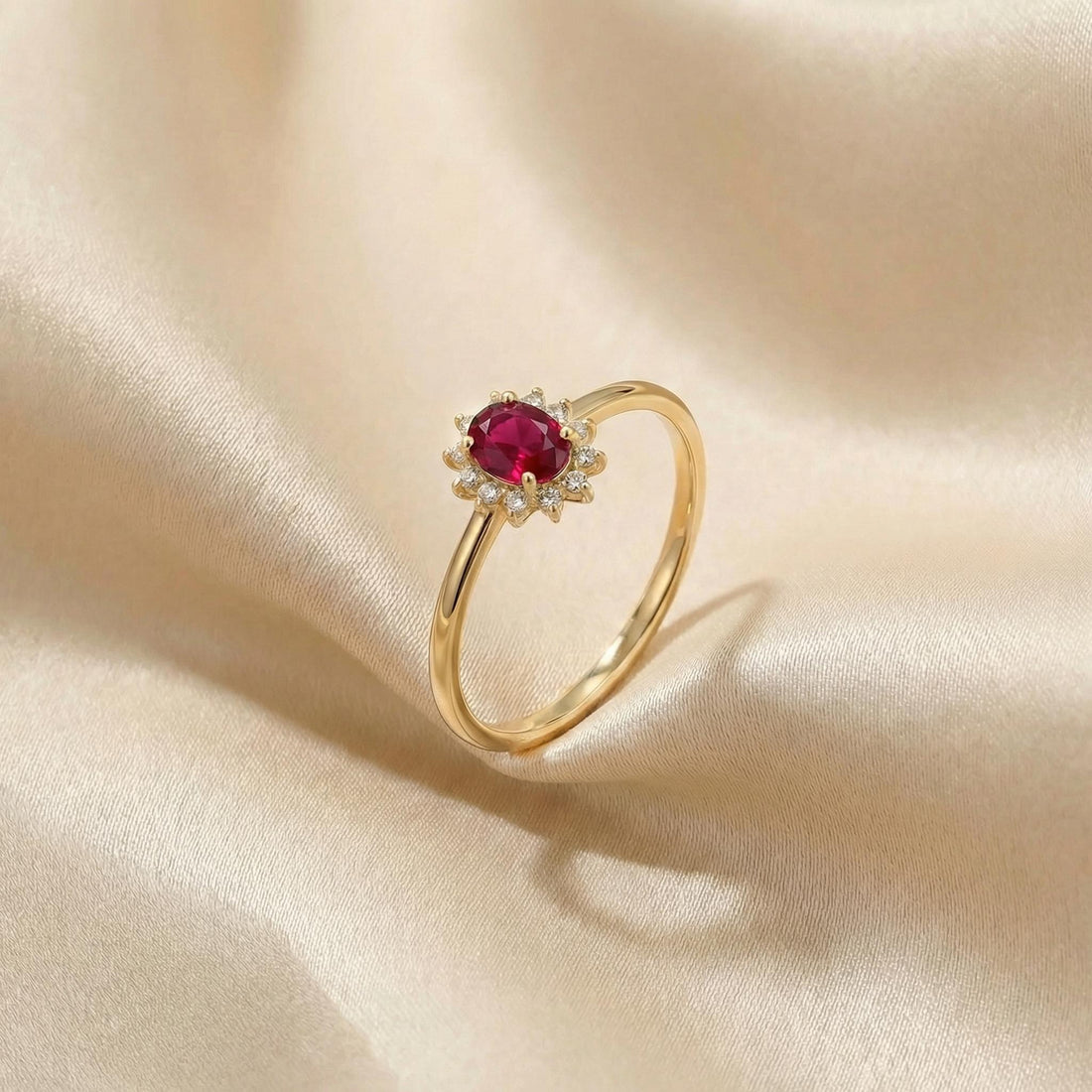 Oval Ruby Halo Ring, 14K Solid Gold Ruby Solitaire Ring, July Birthstone Ring