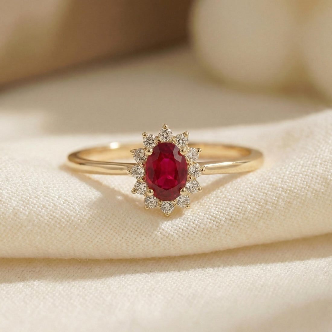 Oval Ruby Halo Ring, 14K Solid Gold Ruby Solitaire Ring, July Birthstone Ring