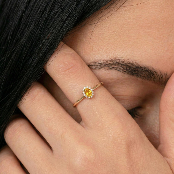 Oval Citrine Halo Ring, 14K Solid Gold Citrine Solitaire Ring, November Birthstone Ring, Dainty Gold Engagement Ring