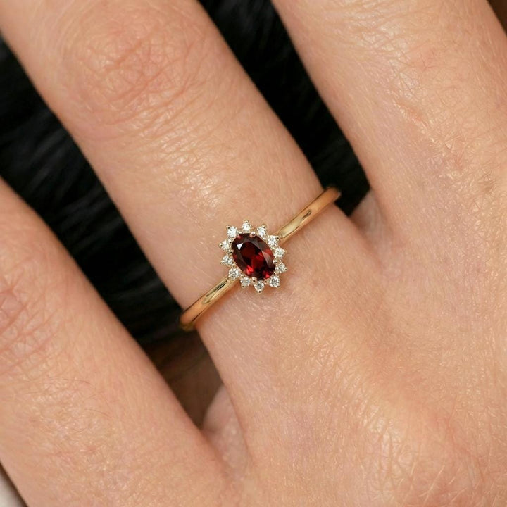 Oval Garnet Halo Ring, 14K Solid Gold Garnet Solitaire Ring, January Birthstone Ring, Dainty Gold Engagement Ring, Minimalist Promise Ring