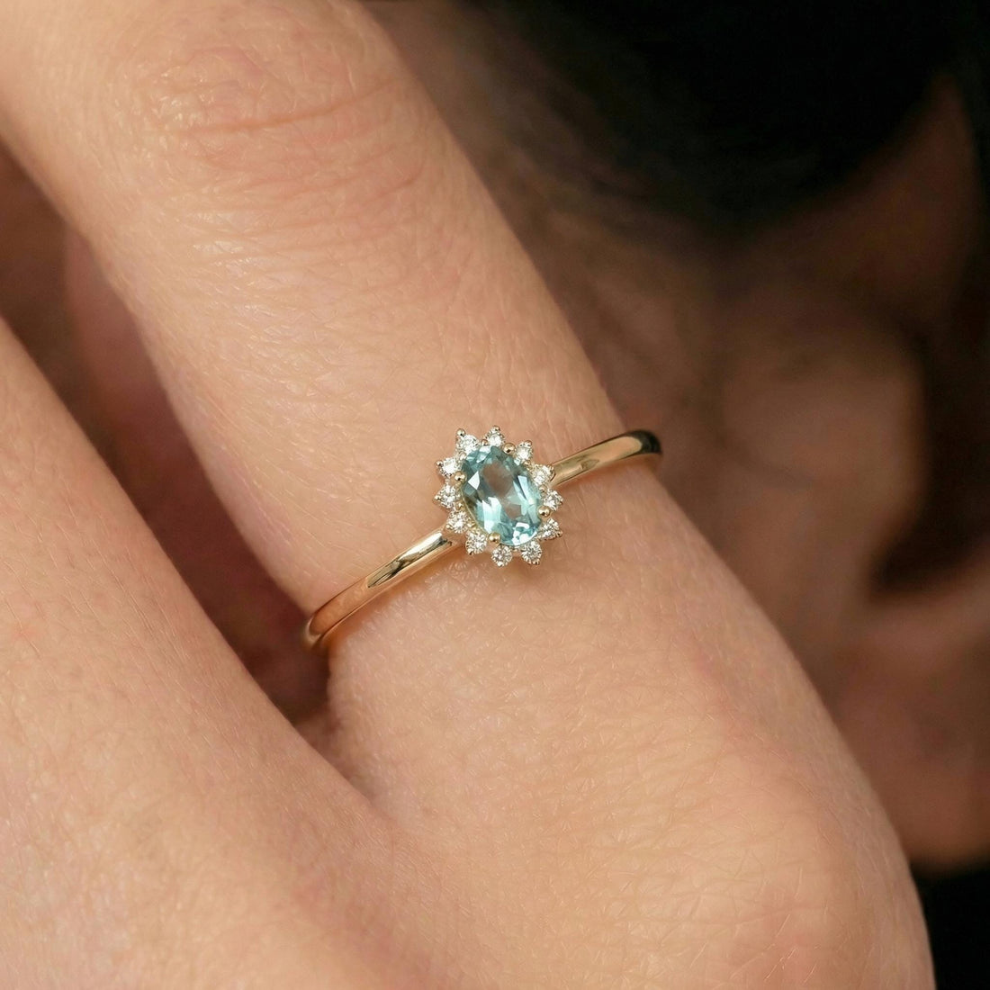Oval Aquamarine CZ Halo Ring, 14K Solid Gold Aquamarine Solitaire Ring, March Birthstone Ring, Push Present