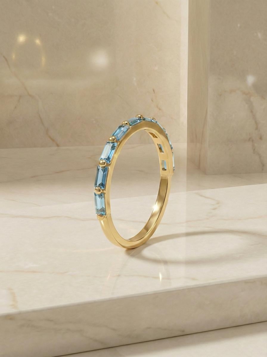 Baguette Aquamarine Wedding Ring, March Birthstone Ring, Half Eternity Baguette Aquamarine Ring, Vintage Promise Ring Gift for Her