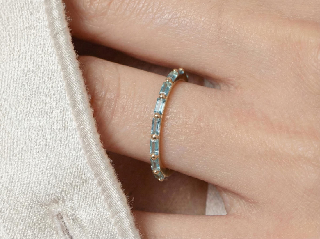 Baguette Aquamarine Wedding Ring, March Birthstone Ring, Half Eternity Baguette Aquamarine Ring, Vintage Promise Ring Gift for Her
