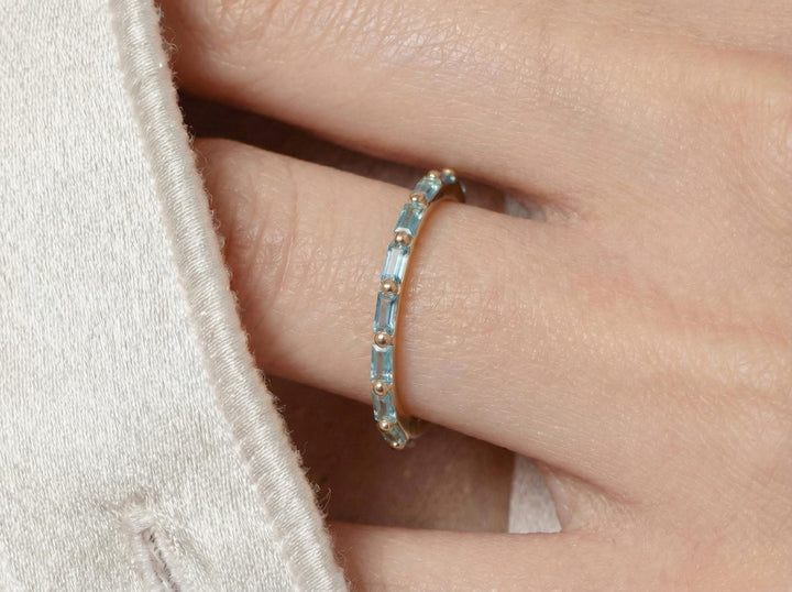 Baguette Aquamarine Wedding Ring, March Birthstone Ring, Half Eternity Baguette Aquamarine Ring, Vintage Promise Ring Gift for Her