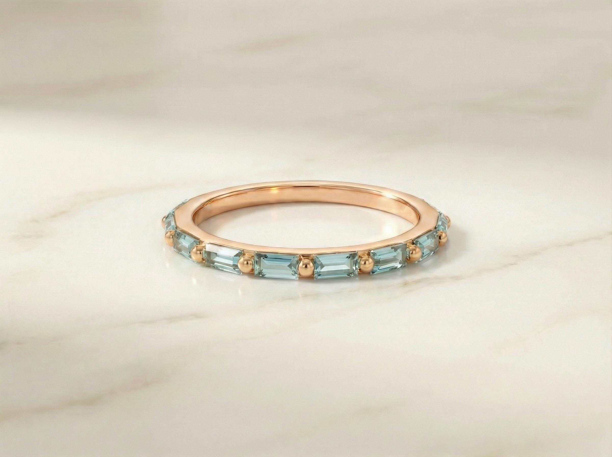 Baguette Aquamarine Wedding Ring, March Birthstone Ring, Half Eternity Baguette Aquamarine Ring, Vintage Promise Ring Gift for Her