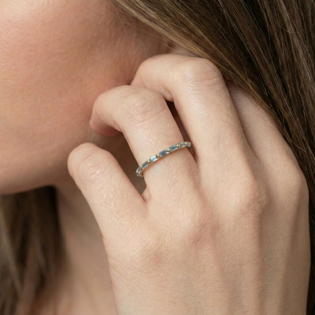 Baguette Aquamarine Wedding Ring, March Birthstone Ring, Half Eternity Baguette Aquamarine Ring, Vintage Promise Ring Gift for Her