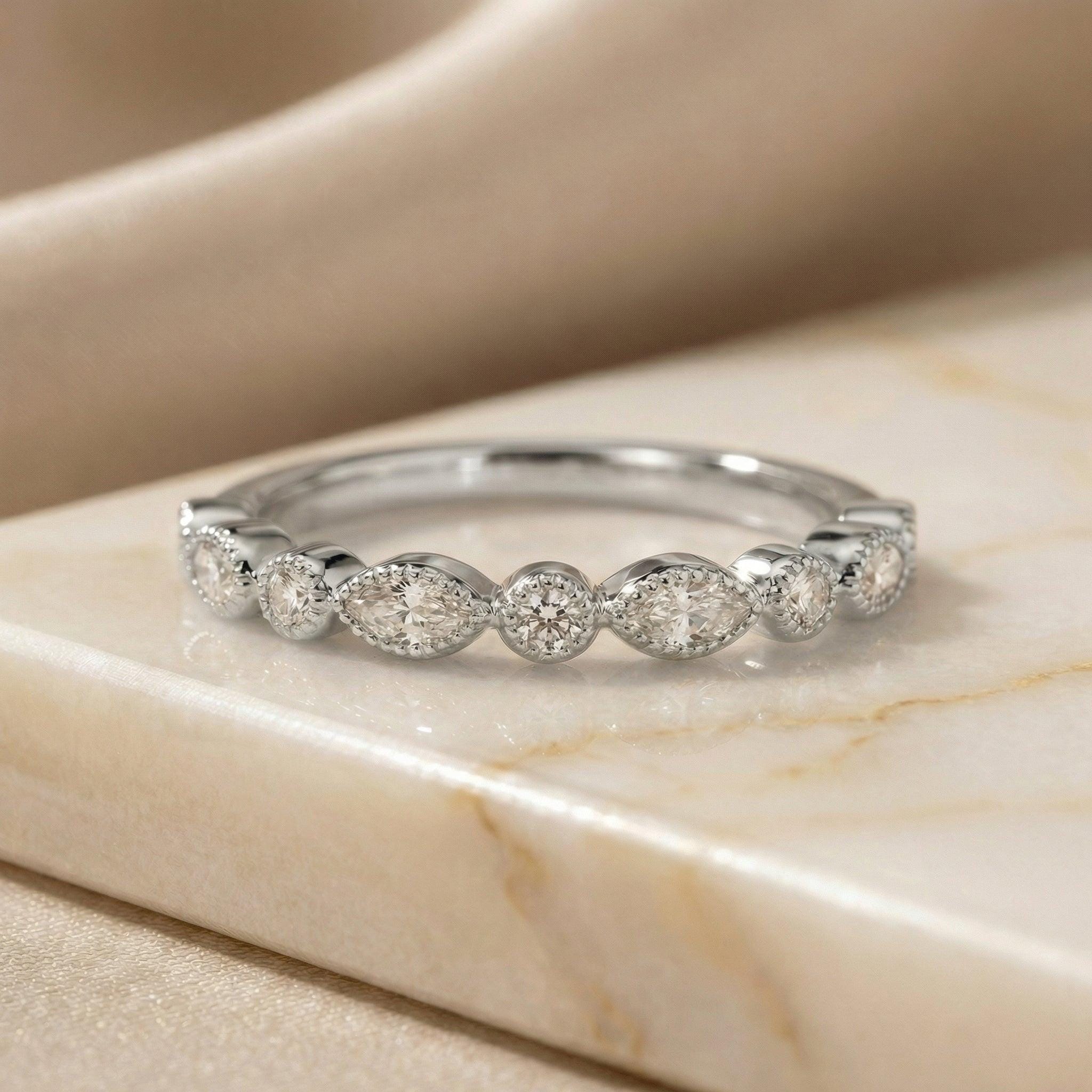Round and Marquise Lab-Grown Diamond Wedding Ring, 1.5mm Art Deco Stacking Ring, Half Eternity Matching Band Gift for Women (1.50mm)