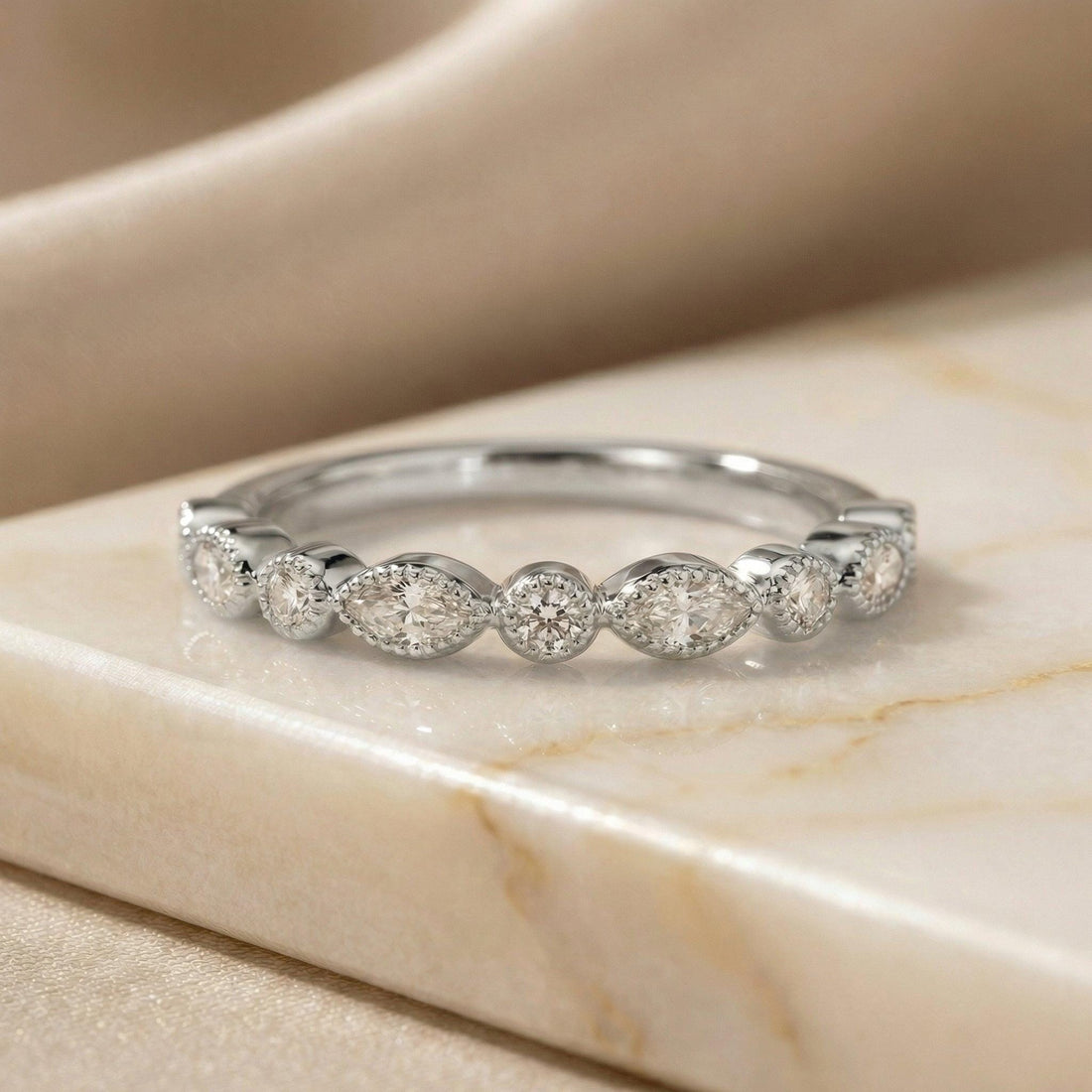 Round and Marquise Lab-Grown Diamond Wedding Ring, 1.5mm Art Deco Stacking Ring, Half Eternity Matching Band Gift for Women (1.50mm)