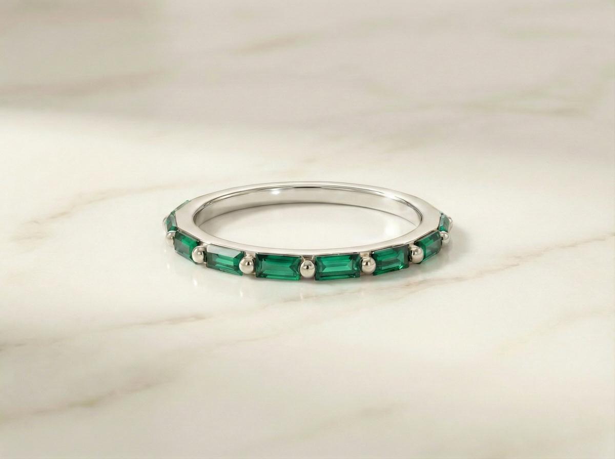 Baguette Emerald Wedding Ring, May Birthstone Ring, Half Eternity Baguette Emerald Ring, Vintage Promise Ring Gift for Her