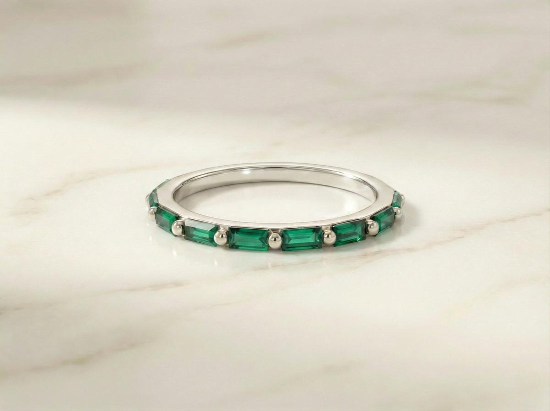 Baguette Emerald Wedding Ring, May Birthstone Ring, Half Eternity Baguette Emerald Ring, Vintage Promise Ring Gift for Her