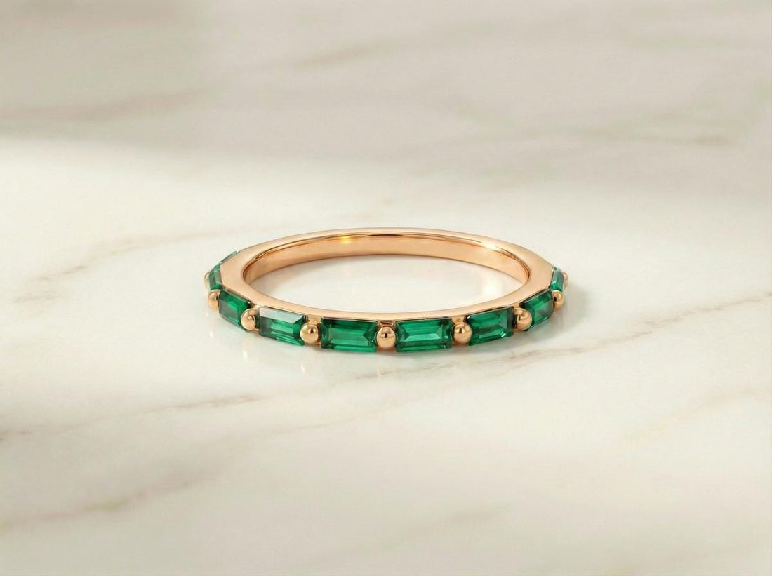 Baguette Emerald Wedding Ring, May Birthstone Ring, Half Eternity Baguette Emerald Ring, Vintage Promise Ring Gift for Her