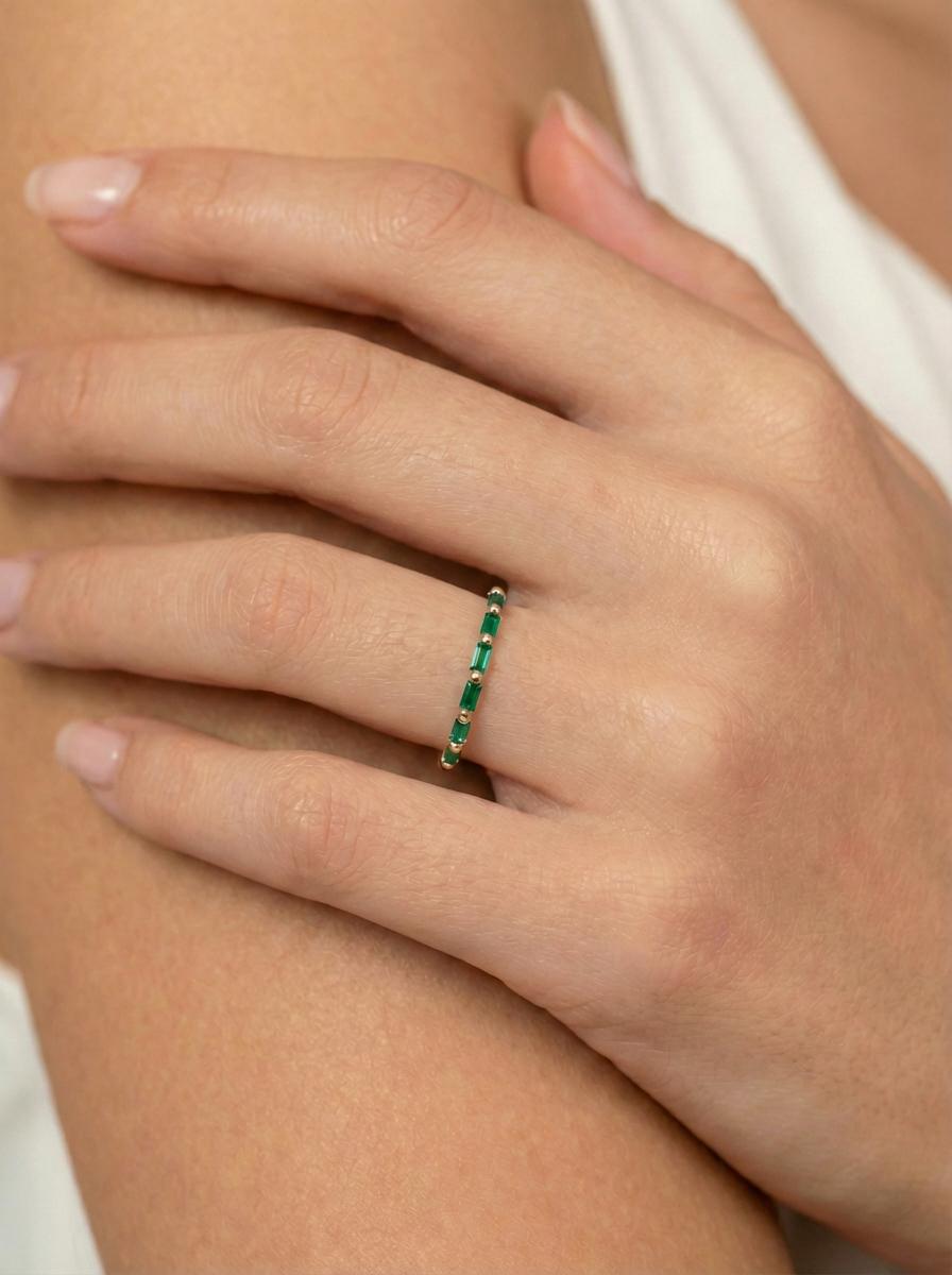 Baguette Emerald Wedding Ring, May Birthstone Ring, Half Eternity Baguette Emerald Ring, Vintage Promise Ring Gift for Her