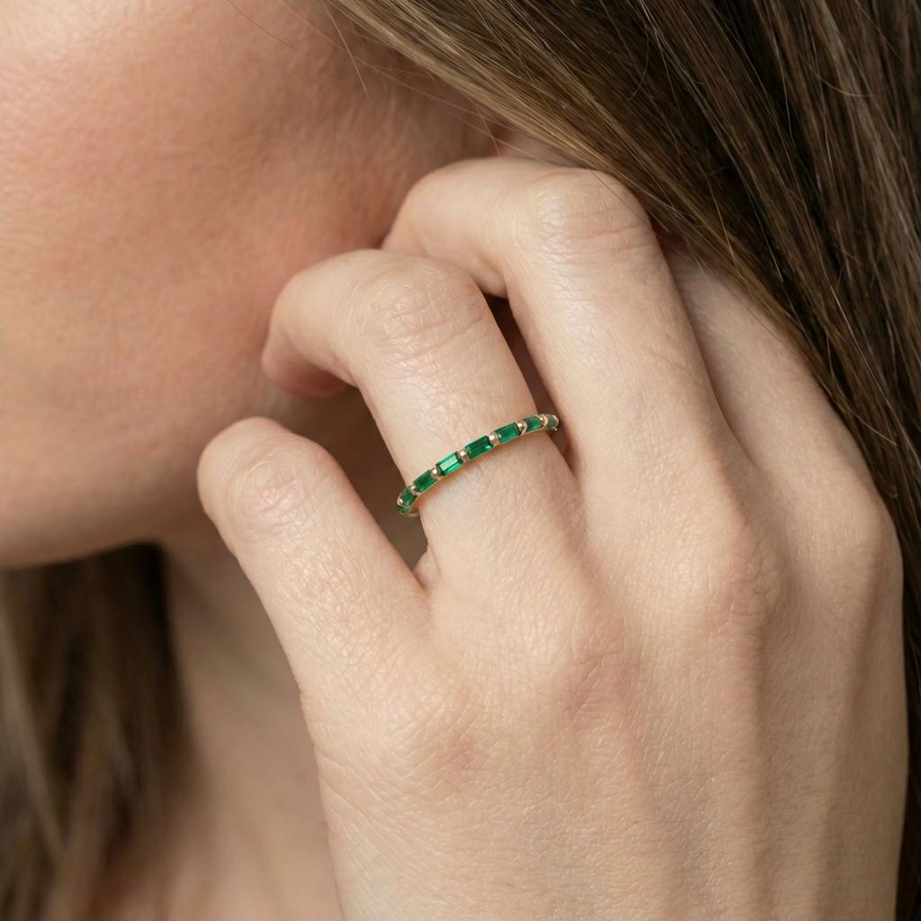 Baguette Emerald Wedding Ring, May Birthstone Ring, Half Eternity Baguette Emerald Ring, Vintage Promise Ring Gift for Her