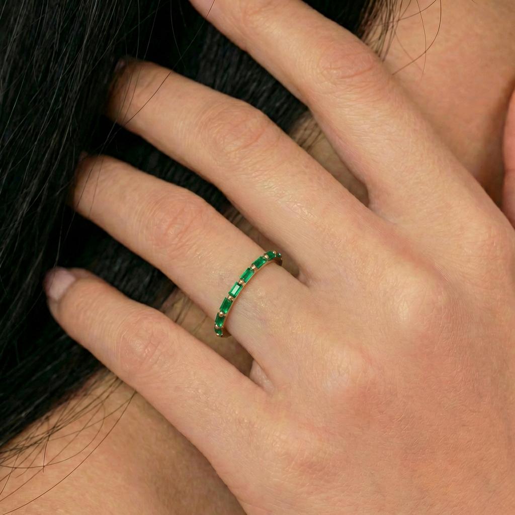 Baguette Emerald Wedding Ring, May Birthstone Ring, Half Eternity Baguette Emerald Ring, Vintage Promise Ring Gift for Her