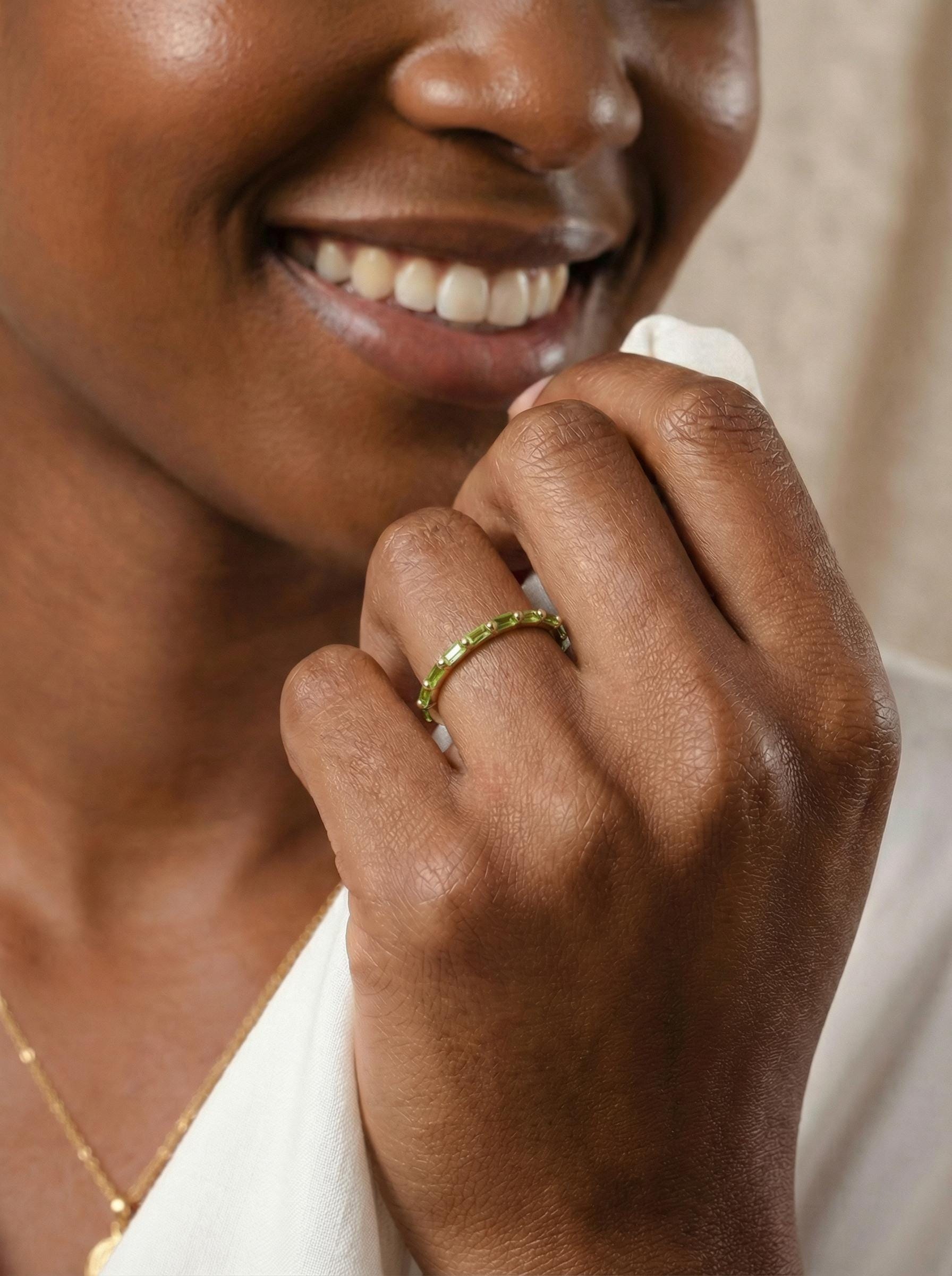 Baguette Peridot Wedding Ring, August Birthstone Ring, Half Eternity Baguette Peridot Ring, Vintage Promise Ring Gift for Her