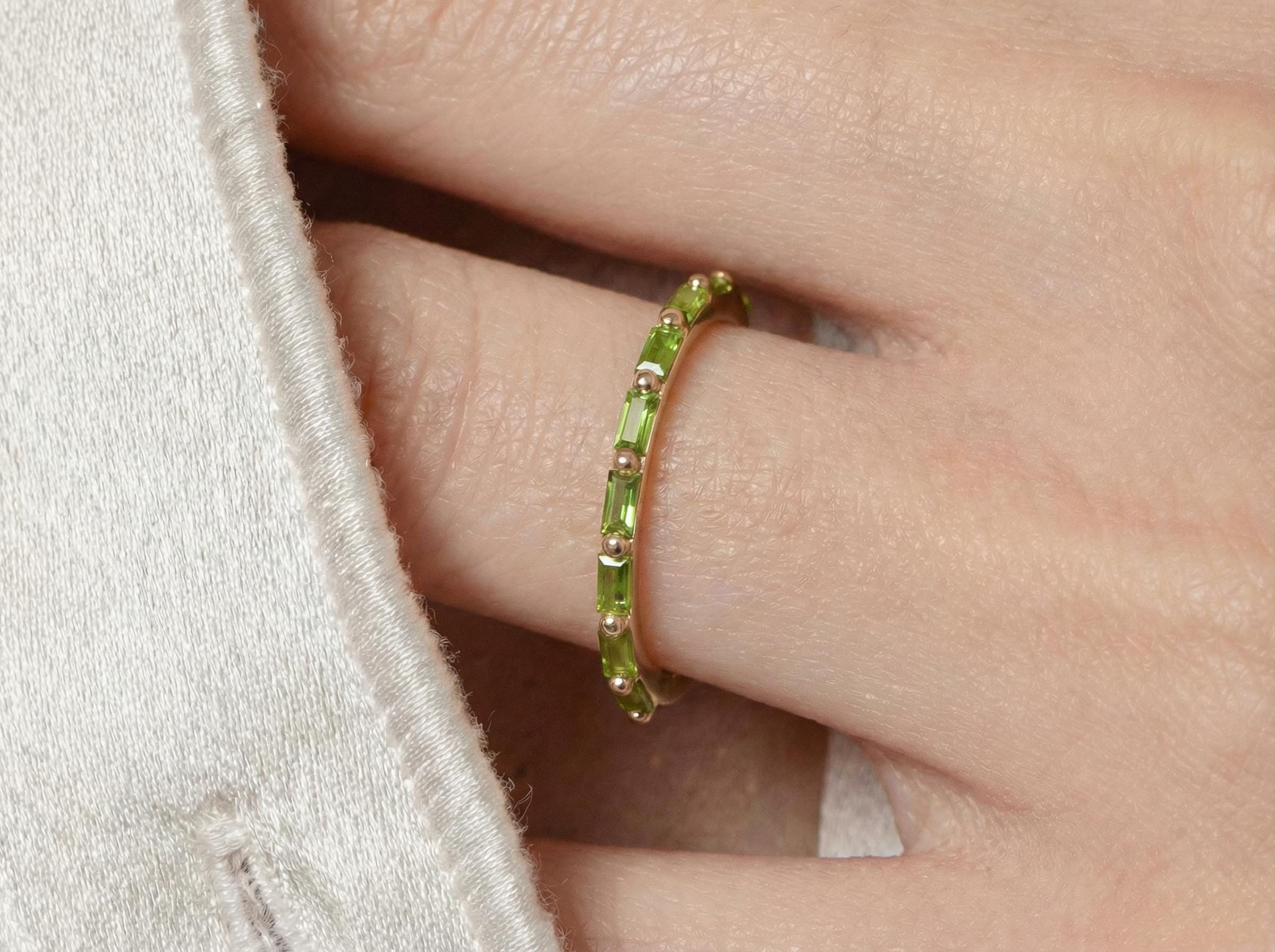 Baguette Peridot Wedding Ring, August Birthstone Ring, Half Eternity Baguette Peridot Ring, Vintage Promise Ring Gift for Her