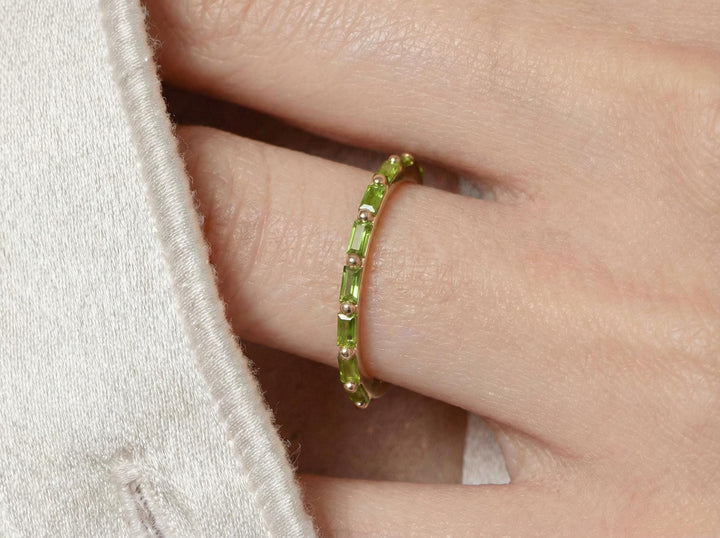 Baguette Peridot Wedding Ring, August Birthstone Ring, Half Eternity Baguette Peridot Ring, Vintage Promise Ring Gift for Her