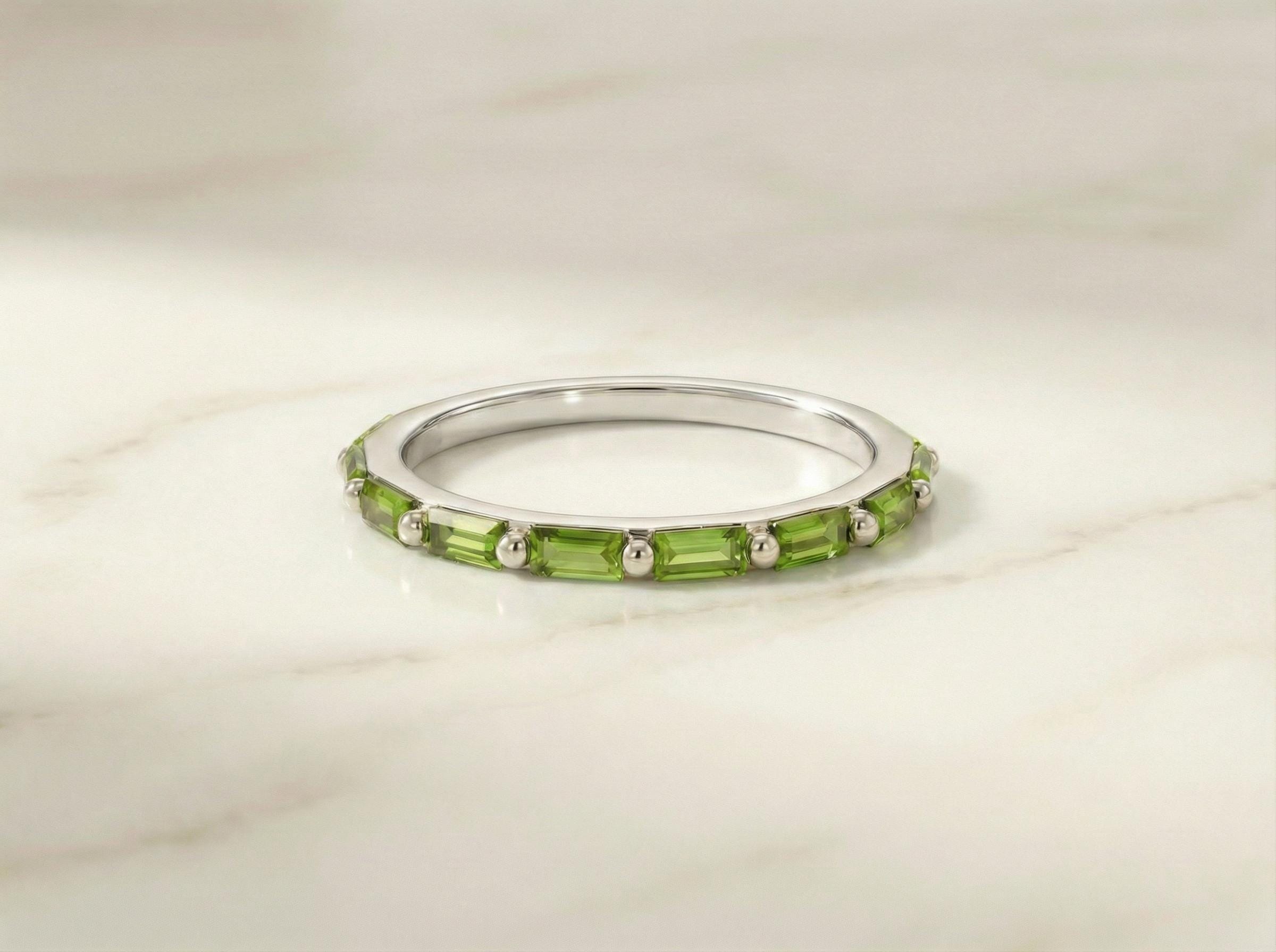 Baguette Peridot Wedding Ring, August Birthstone Ring, Half Eternity Baguette Peridot Ring, Vintage Promise Ring Gift for Her
