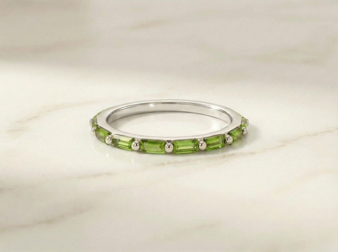 Baguette Peridot Wedding Ring, August Birthstone Ring, Half Eternity Baguette Peridot Ring, Vintage Promise Ring Gift for Her