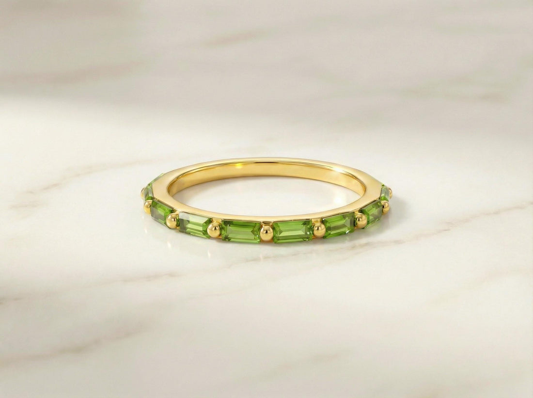 Baguette Peridot Wedding Ring, August Birthstone Ring, Half Eternity Baguette Peridot Ring, Vintage Promise Ring Gift for Her