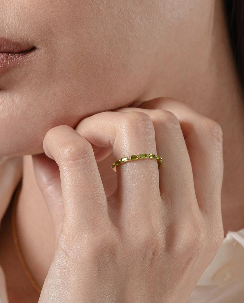 Baguette Peridot Wedding Ring, August Birthstone Ring, Half Eternity Baguette Peridot Ring, Vintage Promise Ring Gift for Her