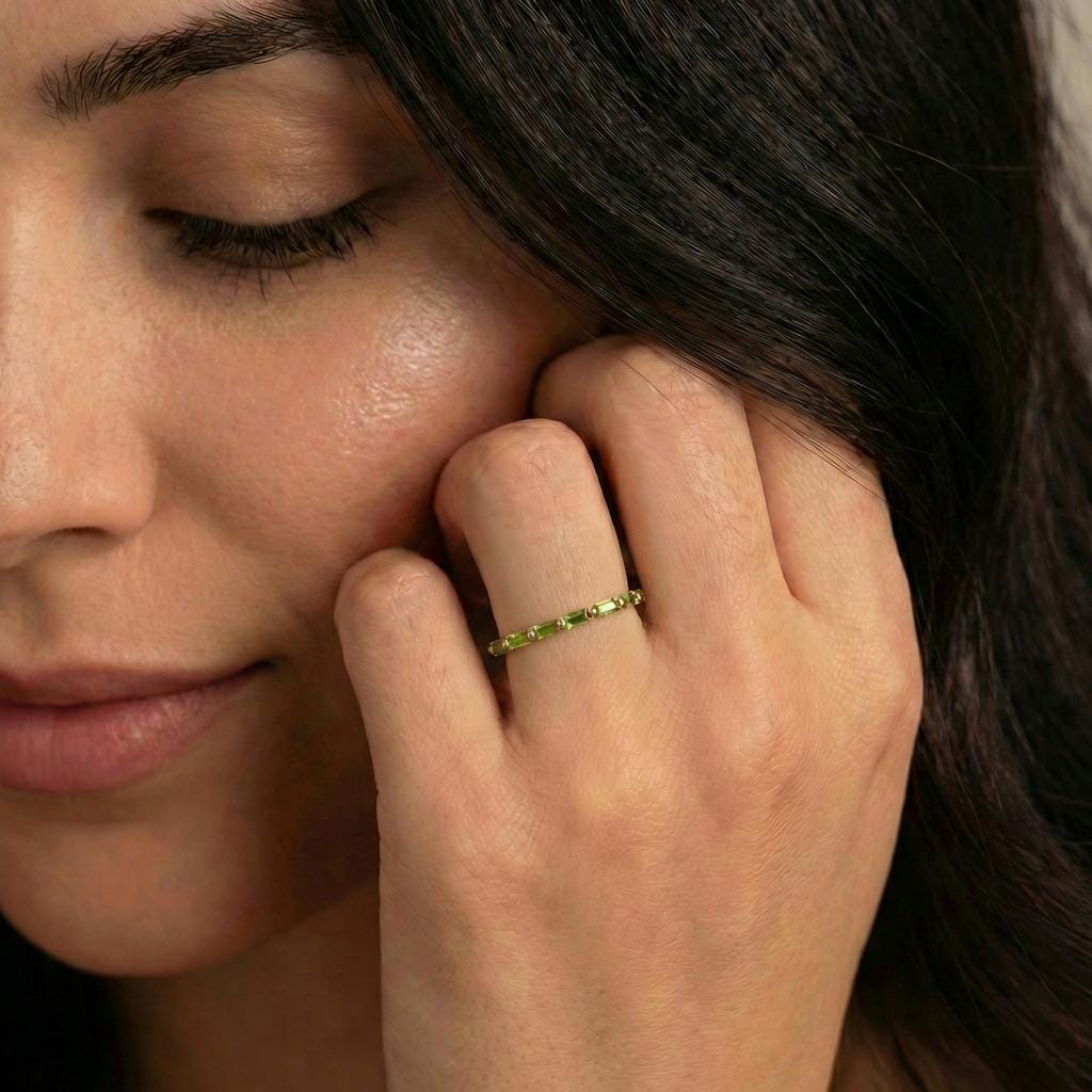 Baguette Peridot Wedding Ring, August Birthstone Ring, Half Eternity Baguette Peridot Ring, Vintage Promise Ring Gift for Her
