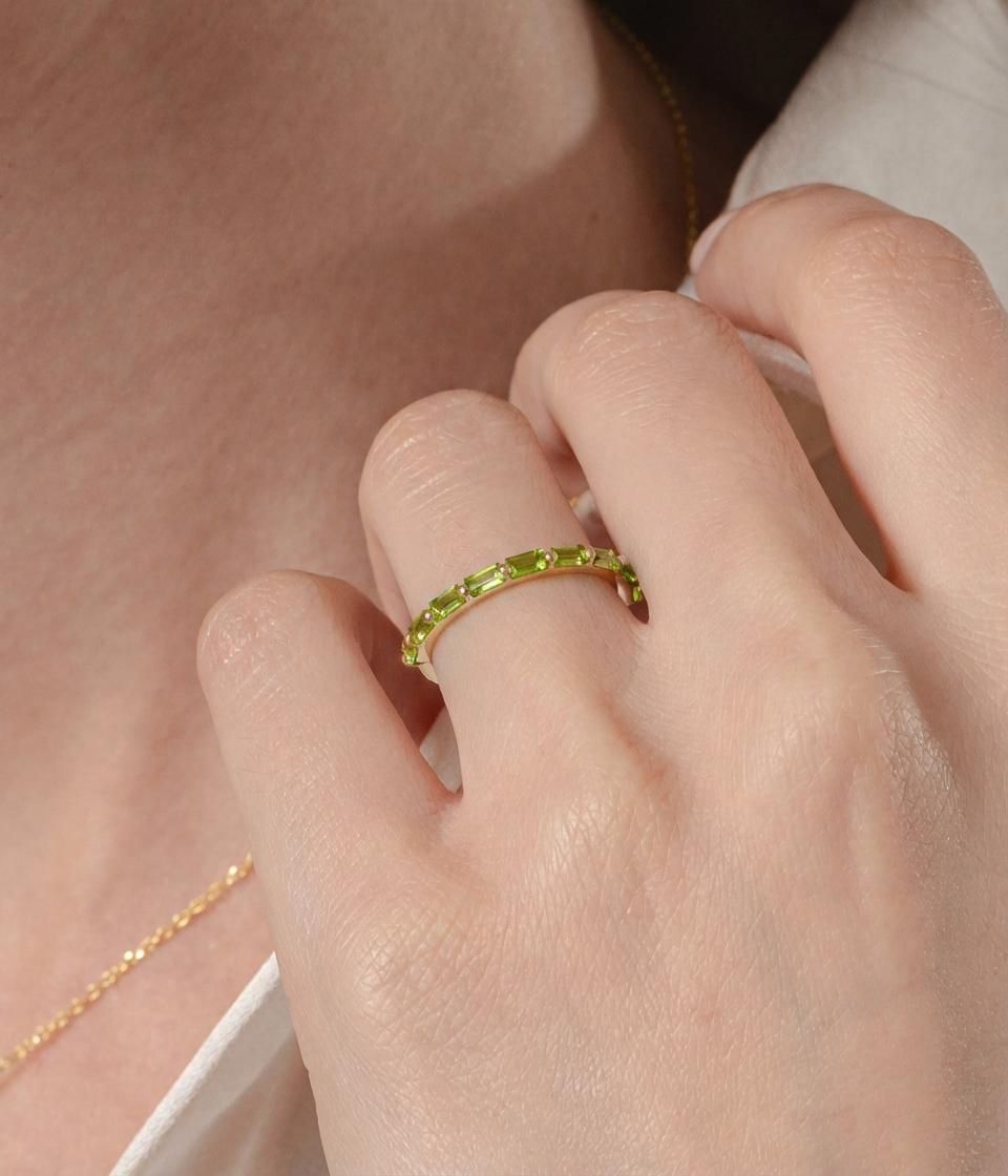 Baguette Peridot Wedding Ring, August Birthstone Ring, Half Eternity Baguette Peridot Ring, Vintage Promise Ring Gift for Her
